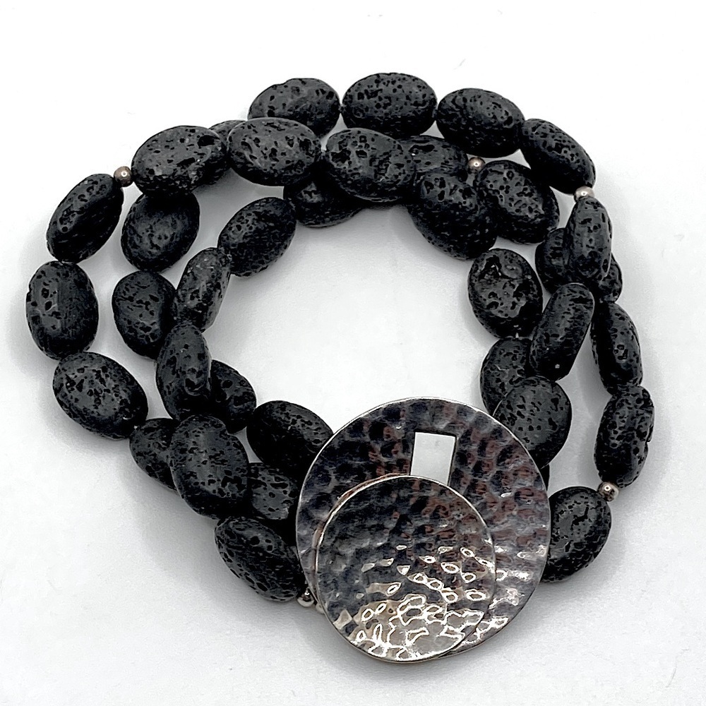 Silpada Sterling Silver Black Lava Rock & Beads Bracelet 3 strand 7” Length